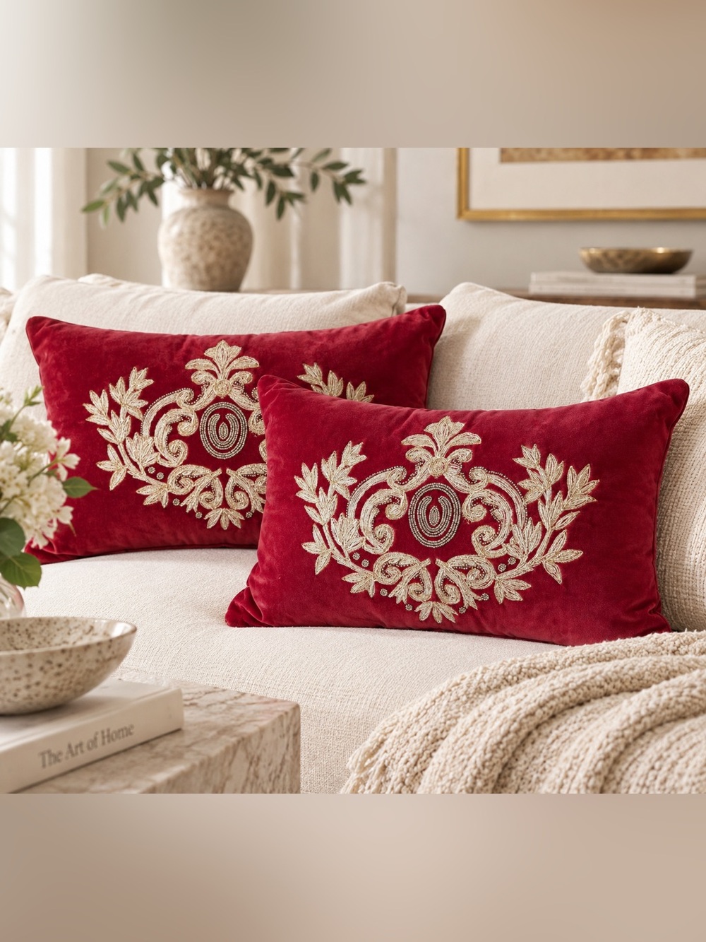 NWT Cremieux Set of 2 Burgundy Velvet 
Embroidered Lumbar Pillows Gold Crest